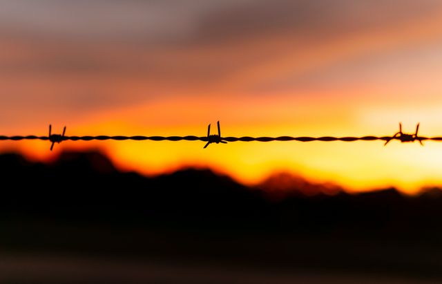 Barbed wire silhouette in front of a colorful sunset over a blurred landscape