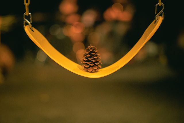 A pine cone on a yellow swing