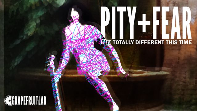Digitally distorted painting of Truth emerging from her well with a whip, but she's been deleted to reveal blue and pink scribbles, and instead of a whip she has a bass guitar.