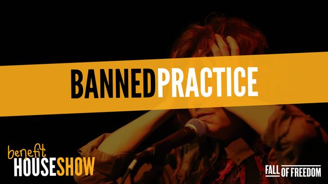 Banned Practice benefit house show, a yellow stripe like police tape over Julie at the mic clutching their head in distress